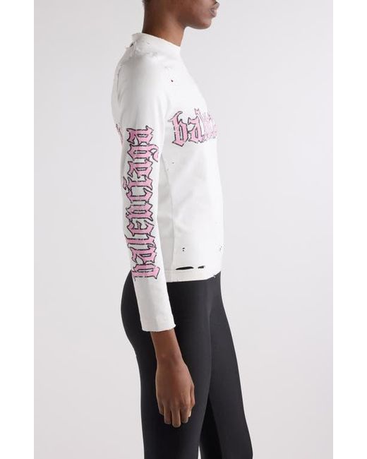 Balenciaga White Blackletter Script Distressed Fitted Graphic T-Shirt