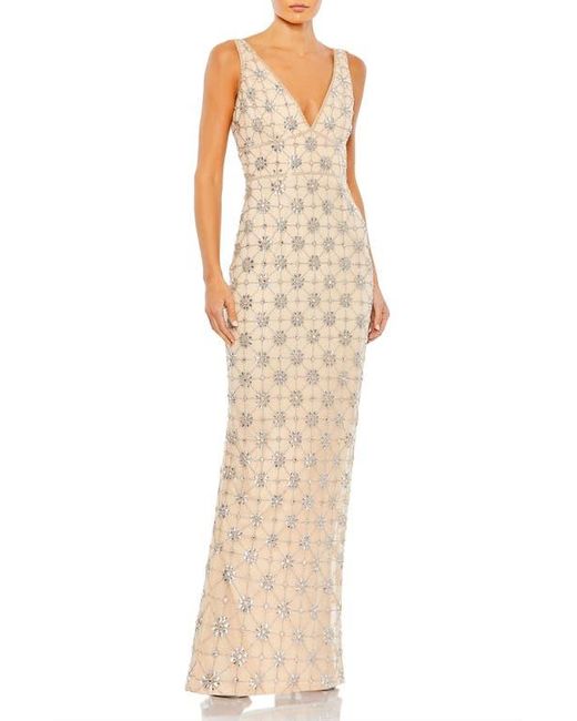 Mac Duggal Natural Sleeveless Hand Beaded V-Neck Gown