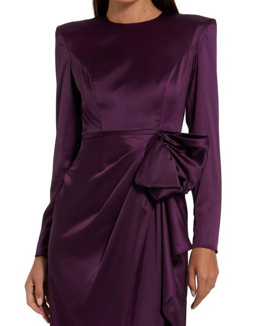 Mac Duggal Purple Long Sleeve Structured Bow Draped Column Gown