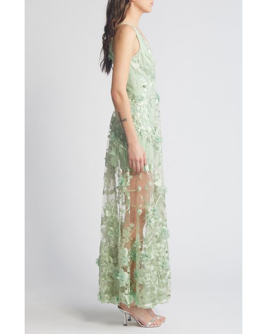 Dress the Population Green Sidney Deep V-neck 3d Lace Gown