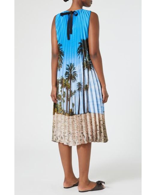 Marina Rinaldi Blue Madera Print Pleated Sleeveless Midi Dress