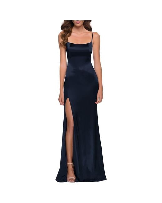 La Femme Women's Blue Fitted Stretch Satin Dress With Scoop Back