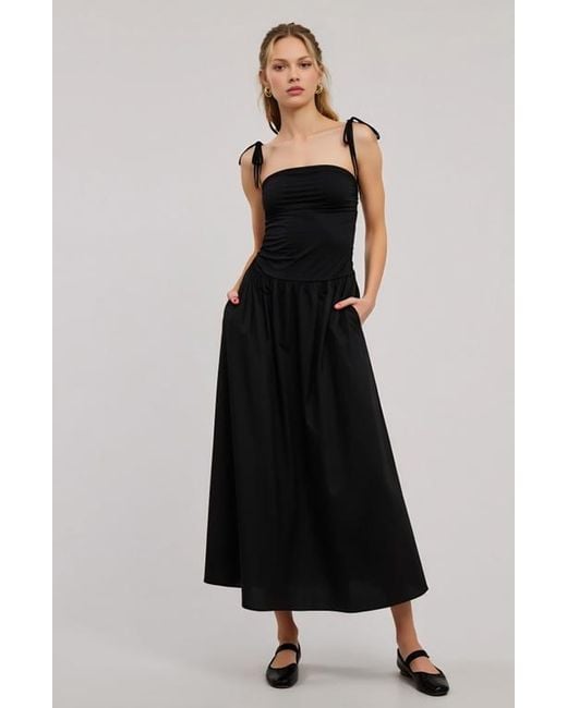 Modenaire Black Ruched Bodice Tie Strap Gathered Skirt Midi Dress