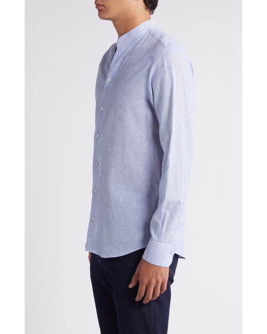Emporio Armani White Pinstripe Band Collar Linen & Cotton Button-up Shirt for men