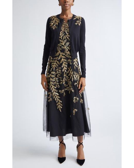 Carolina Herrera Black Leaf Embroidered Silk & Cotton Cardigan