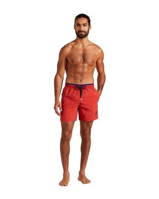 Vilebrequin Red Solid Bicolor Length Swim Trunks for men