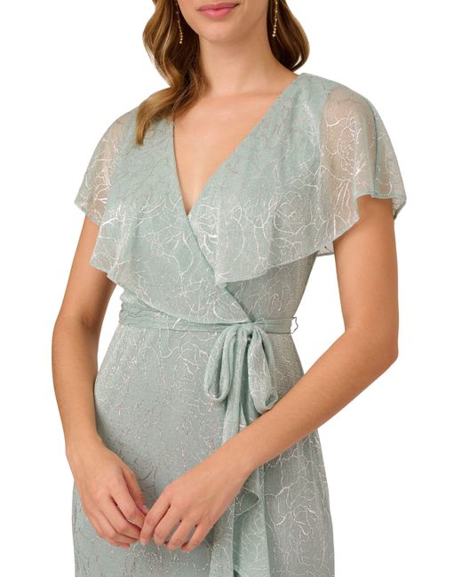 Adrianna Papell Green Metallic Flutter Sleeve Faux Wrap Dress