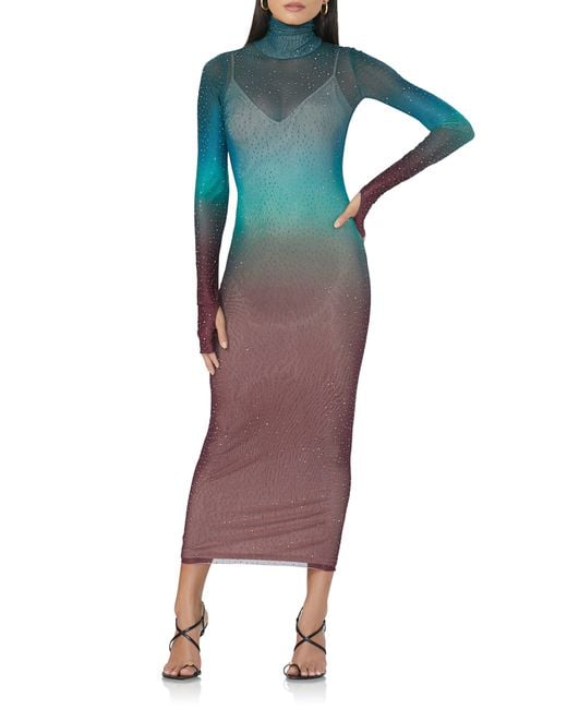 AFRM Blue Shailene Rhinestone Long Sleeve Sheer Dress
