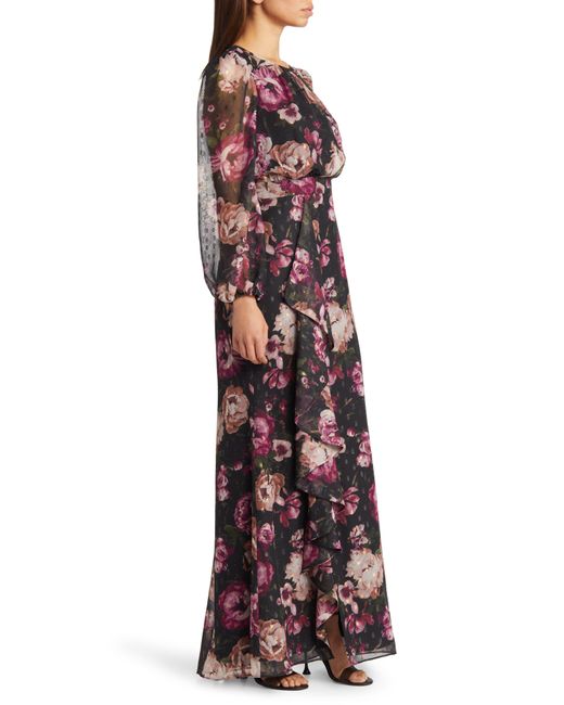 Eliza J Purple Floral Metallic Long Sleeve Maxi Dress