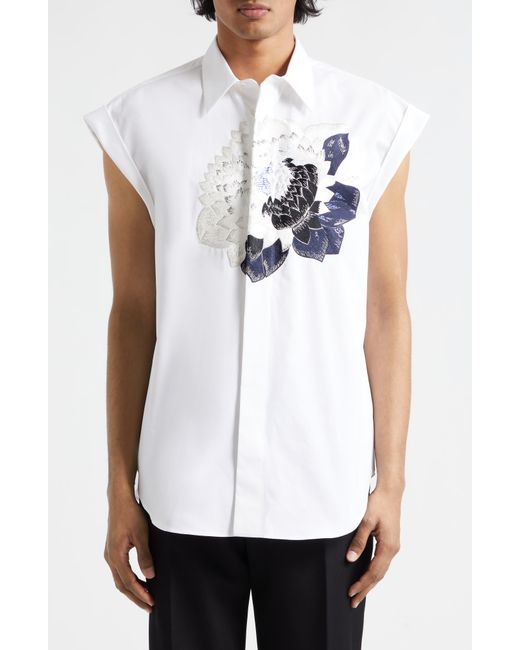 Alexander McQueen White Dutch Flower Embroidered Sleeveless Cotton Poplin Button-up Shirt for men