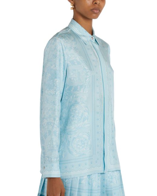 Versace Blue Barocco Print Silk Button-up Shirt