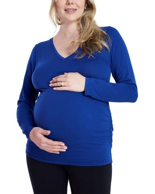 Motherhood Maternity Blue V-Neck Side-Ruched Maternity Long Sleeve Tee