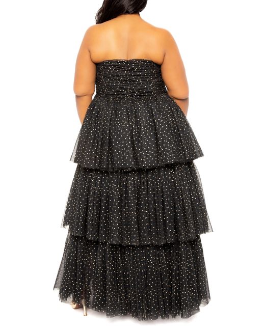 Buxom Couture Black Metallic Polka Dot Strapless Tiered Tulle Dress