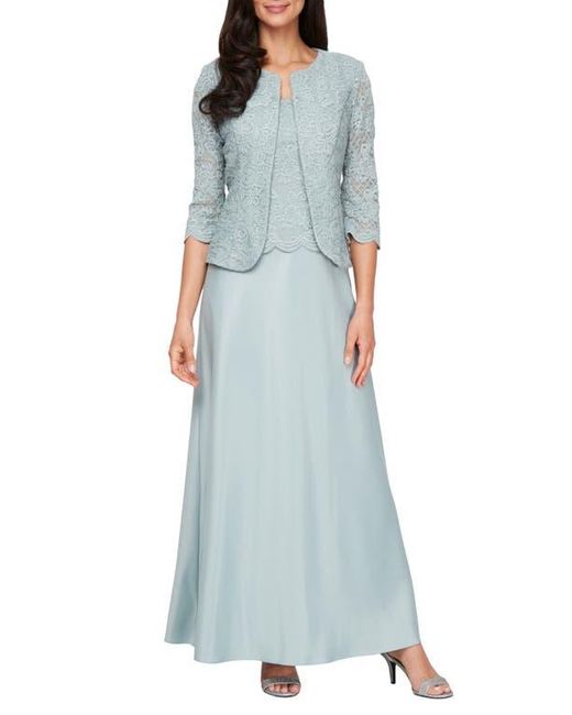 Alex Evenings Blue Embroidered Lace Mock Two-Piece Gown With Jacket