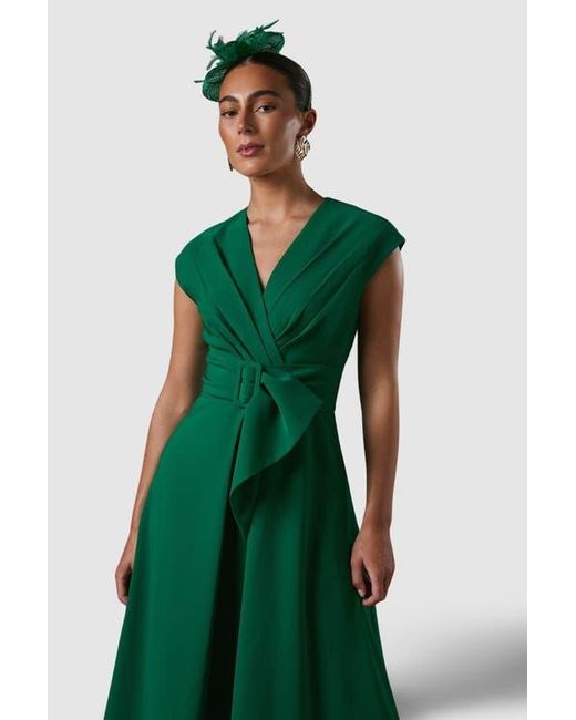 Coast Belted Crepe V-Neck Midi Dress in Green | Lyst