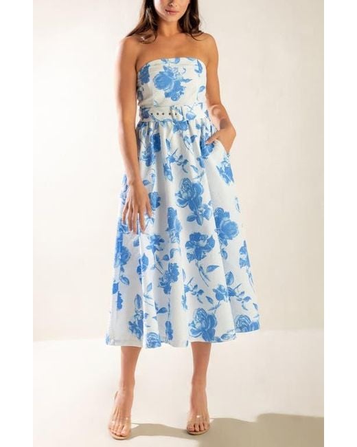 FREEMARKET Blue Floral Strapless Midi Dress