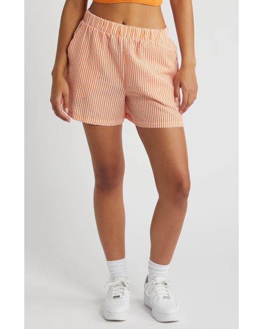Noisy May Orange Luna High Waist Seersucker Shorts