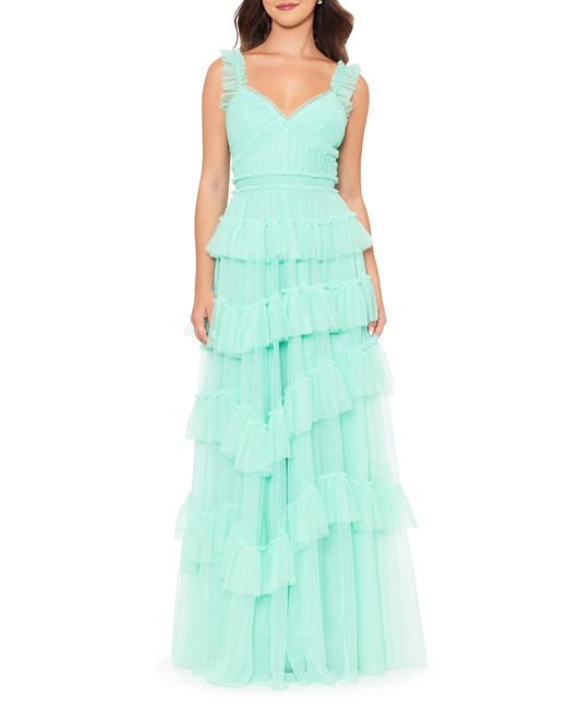 Betsy & Adam Blue Tiered Ruffle Tulle Gown