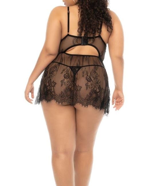 MAPALE Black Underwire Eyelash Lace Babydoll & G-String Set