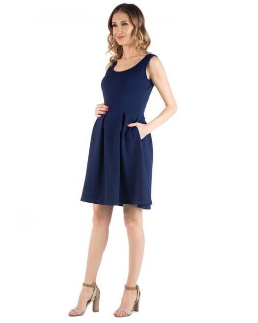 24seven Comfort Apparel Blue Maternity Sleeveless Pleated Dress With Pockets