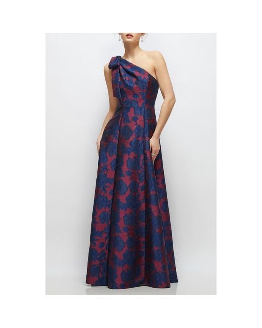 Alfred Sung Blue Bow One-Shoulder Jacquard Ballgown