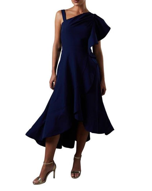 Coast Blue One Shoulder Crepe Ruffle Midi Dress