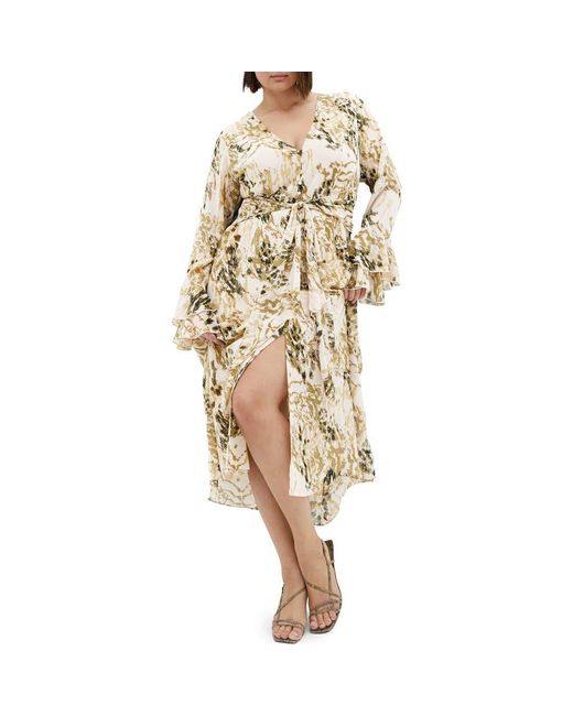 City Chic Natural Print Tie Waist Long Sleeve Maxi Dress