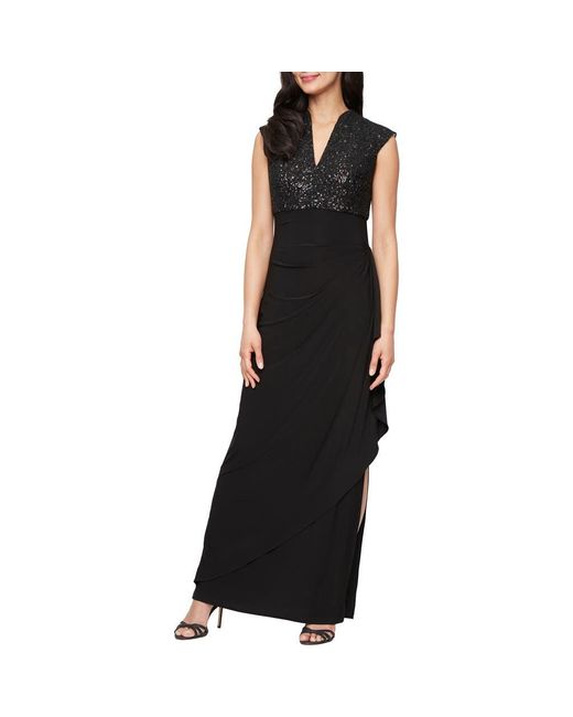 Alex Evenings Black Sequin Corded Lace Bodice Empire Waist Gown