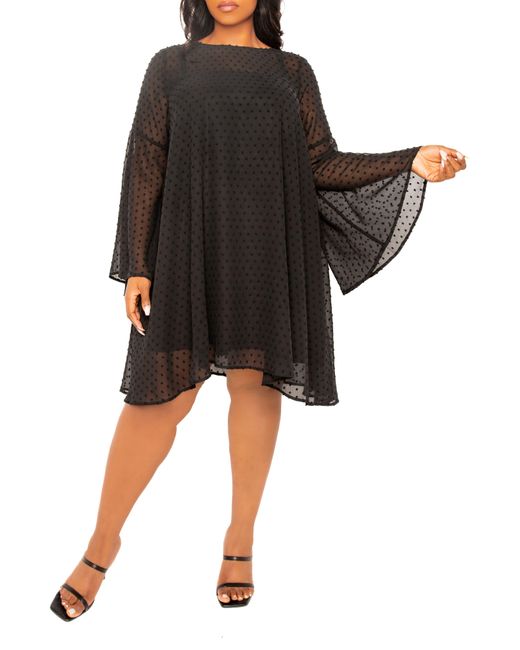 Buxom Couture Black Swiss Dot Long Sleeve Chiffon Shift Dress