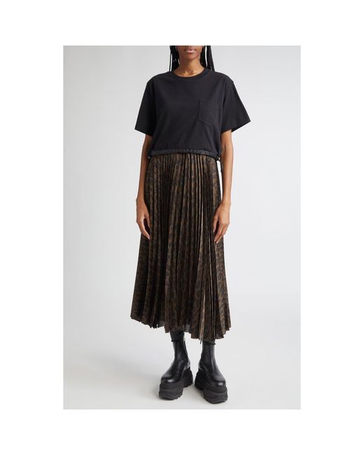 ■sacai■サカイ■Mixed Media Cotton Jersey & Satin Dress■ Sacai Mixed Media Leopard Print Jersey & Satin Midi Dress in