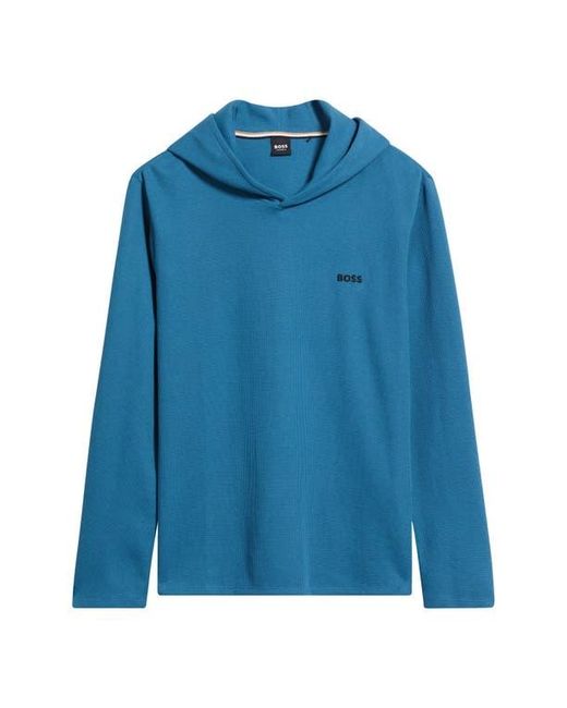 Boss Blue Waffle Knit Hooded Lounge T-Shirt for men