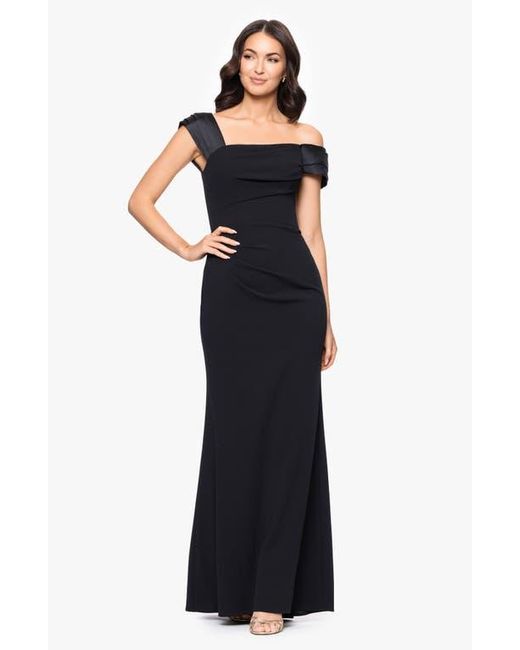 Betsy & Adam Black Ruched Off The Shoulder Scuba Column Gown