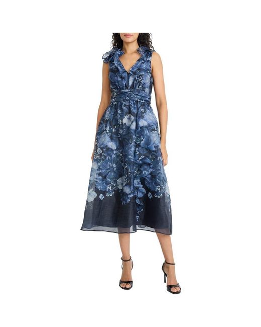 Maggy London Blue Ruffle V-Neck Organza Cocktail Dress
