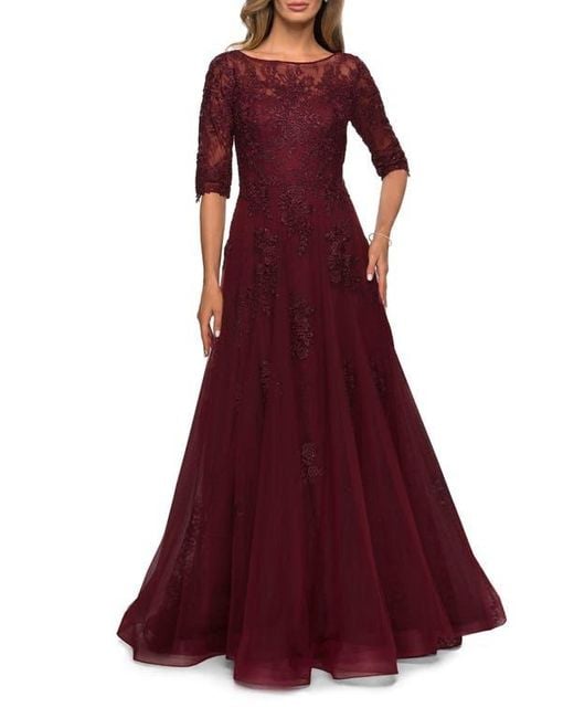 La Femme Red Lace And Tulle A-Line Gown With Three Quarter Sleeves