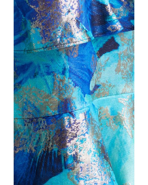 Ramy Brook Blue Harlen Metallic Floral Ruffle Gown