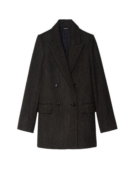 Zadig & Voltaire Black Miew Chevron Double Breasted Wool Blend Blazer