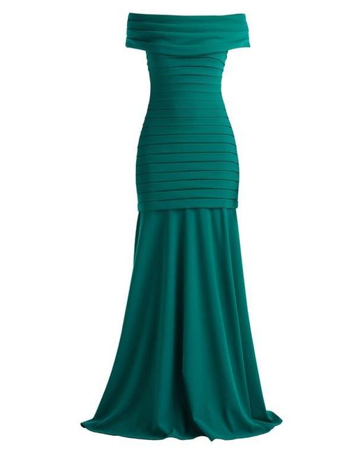 Tadashi Shoji Green Pleated Off The Shoulder Mermaid Gown
