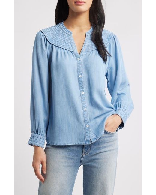 Wit & Wisdom Blue Split Neck Balloon Sleeve Top