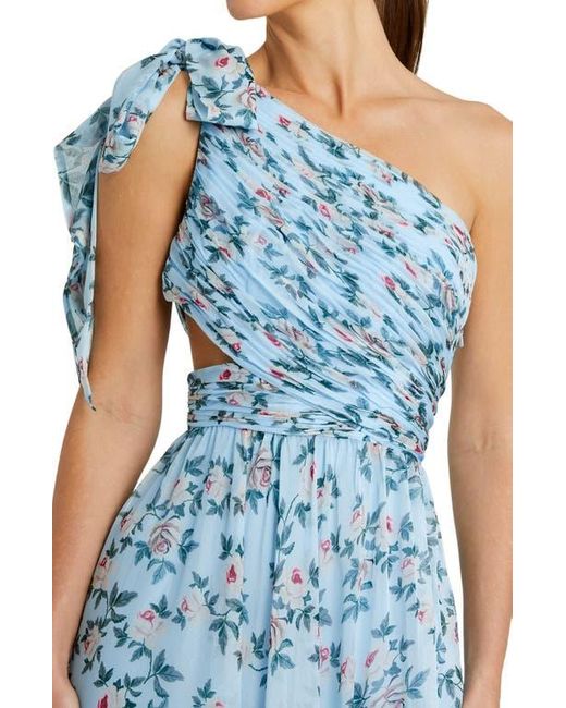 Mac Duggal Blue One-Shoulder Floral Chiffon A-Line Gown
