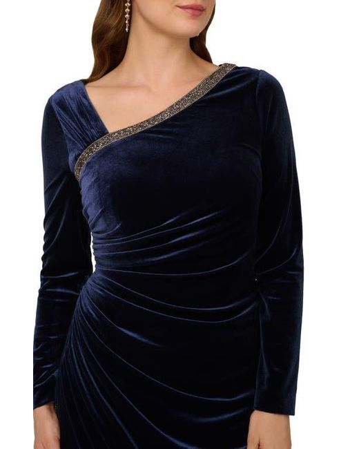 Adrianna Papell Black Asymmetric Long Sleeve Ruched Velvet Gown