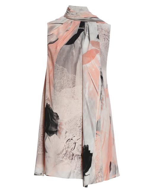 Alexander McQueen Natural Trompe L'oeil Floral Print Scarf Neck Silk Dress