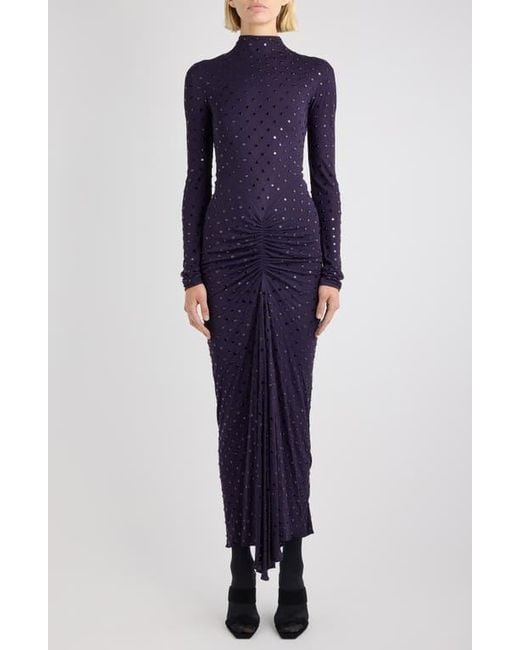 Alaa Women's Blue Crystal Embellished Ruched Long Sleeve Jersey Dress