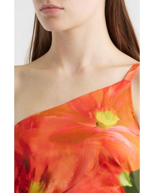 Vince Camuto Green Placed Print One-Shoulder Satin Gown
