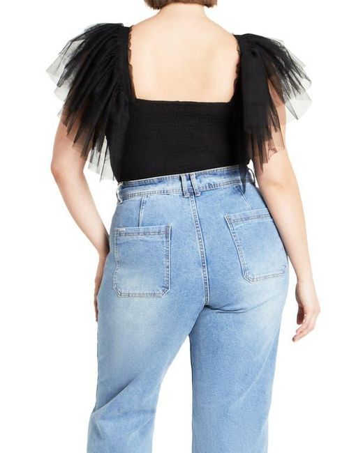 City Chic Black Azariah Shirred Tulle Sleeve Bodysuit