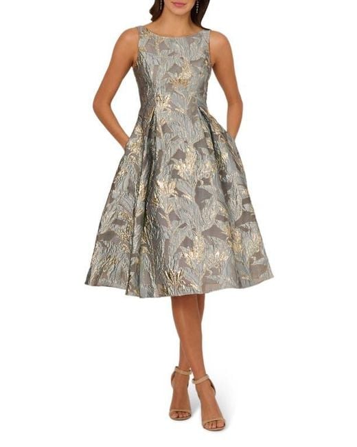 Adrianna Papell Metallic Leaf Jacquard Fit & Flare Cocktail Dress in  Natural | Lyst