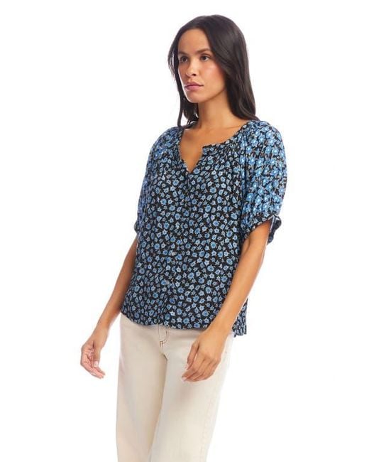 Karen Kane Blue Contrast Short Sleeve Button-Up Peasant Top