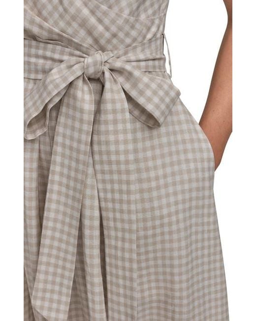 Donna Karan Brown Gingham Linen Blend Faux-Wrap Midi Dress