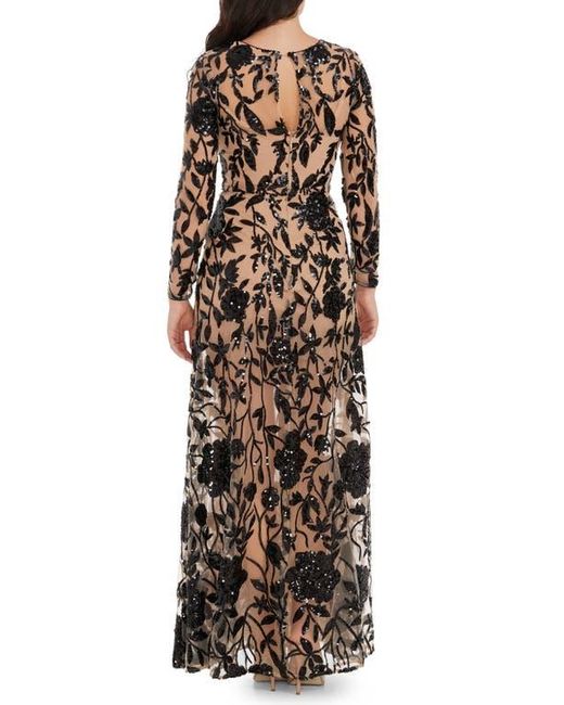 Dress the Population Black Ava Sequin Floral Embroidered Long Sleeve Gown