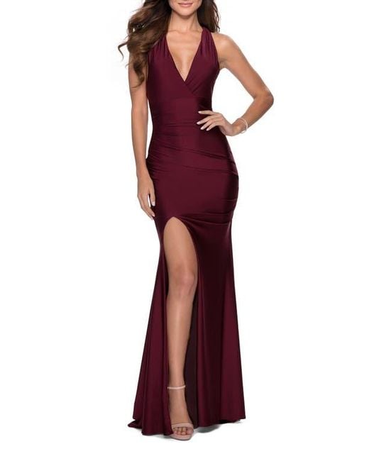 La Femme Women's Red Sleek Prom Dress With Deep V-Neckline And Tie Back