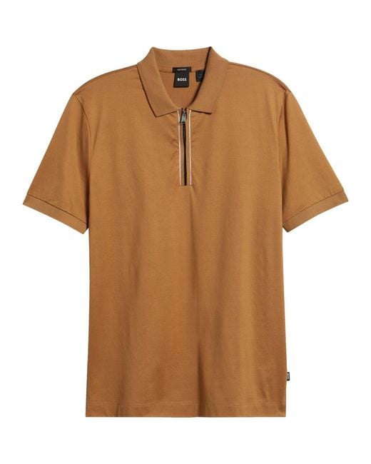 Boss Brown Paras Quarter Zip Cotton Polo for men